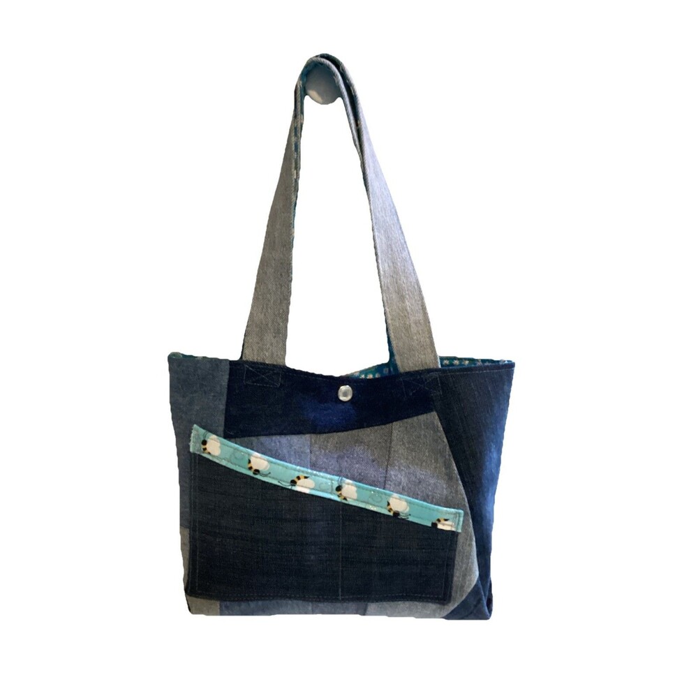 Denim Hand Crafted Purse / Handbag, 4 Outside Pockets, Snap Closure